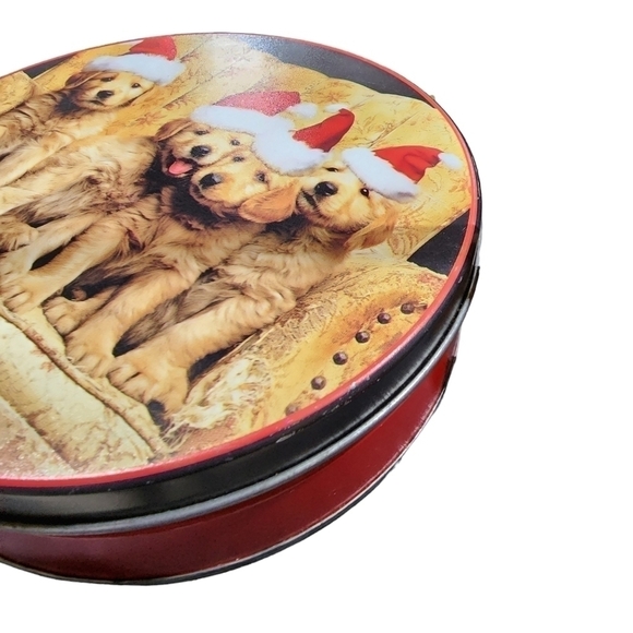 Vintage santa Hat Lab puppies cookie tin 6.5" Holiday Christmas - Picture 2 of 7